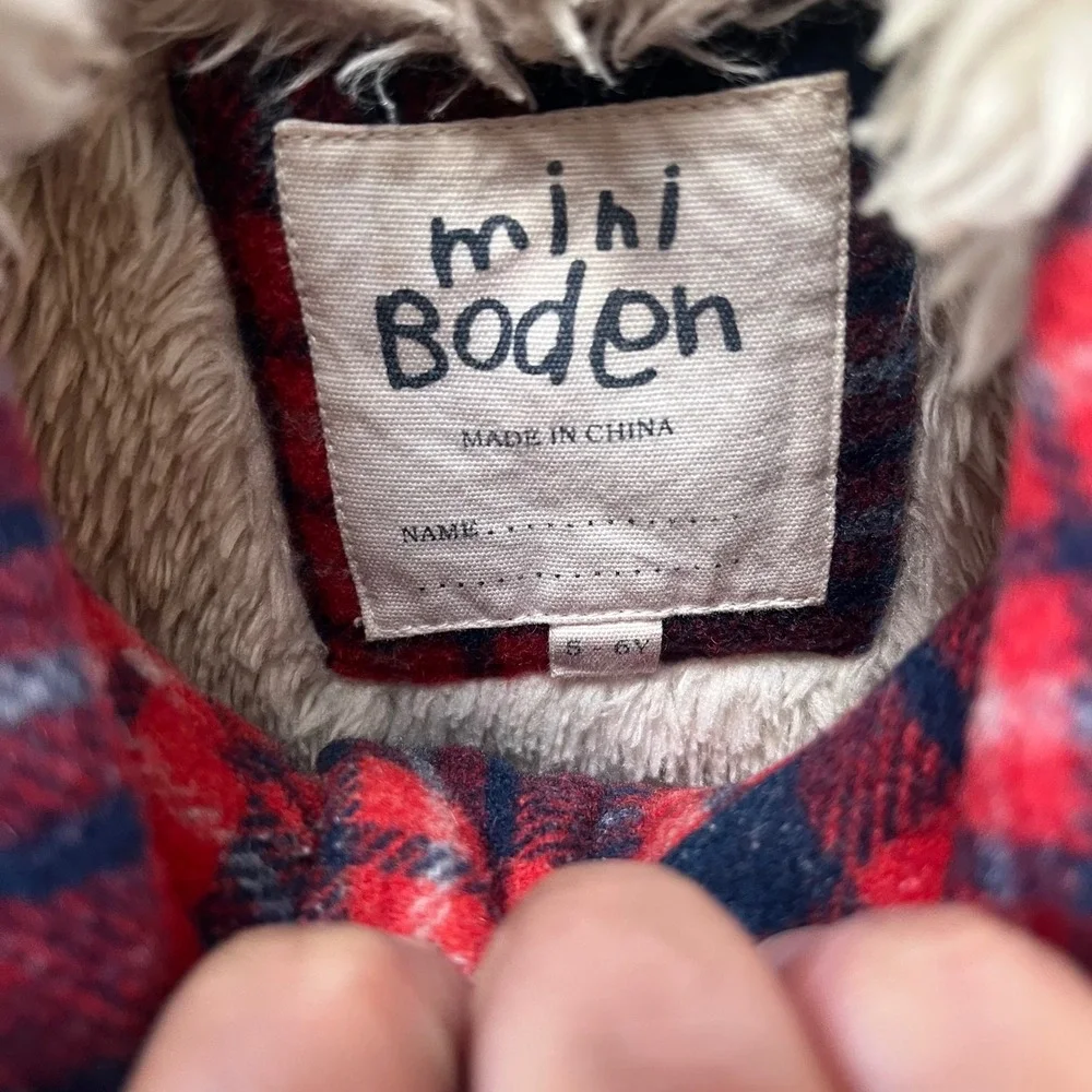 Mini Boden Kids Red‎ Plaid Wool Blend Duffle Coat Faux Fur Hood 5-6Y